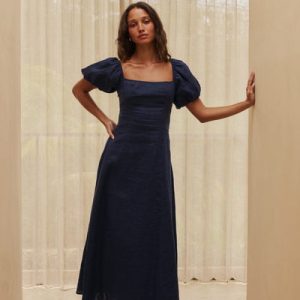 Sophia Linen Midi Dress Navy