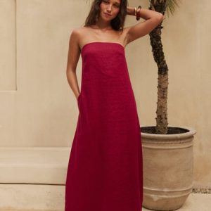 Viva Linen Midi Dress Burgundy